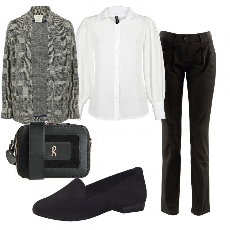 Outfit donna - Total look #1408642. Stile Minimal per Tutti i giorni. Abbinamento con pantaloni chino, borse a tracolla, camicie, blazer, mocassini.