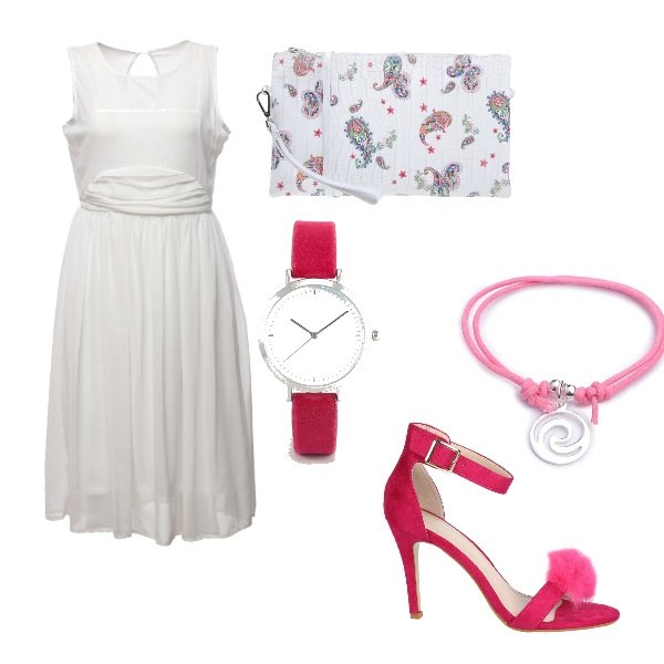 Outfit donna - Fucsia forever. Stile Chic per Serata fuori. Abbinamento con borsa a mano con manico e stampa con zip interno foderato con tasca interna, vestito chiffon, orologio con fasce in velluto rosa, scarpe col tacco in pelle sintetica rosa, bracciale in sterling 925 argento.