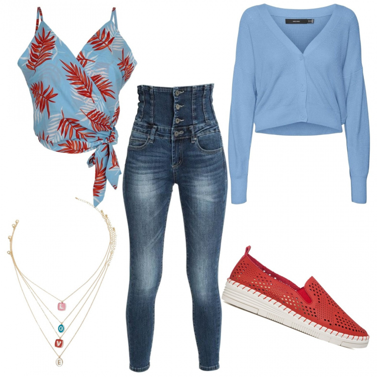 Outfit donna - Total look #1408880. Stile Casual per Tutti i giorni. Abbinamento con jeans skinny, top, collane, sneakers, cardigans.