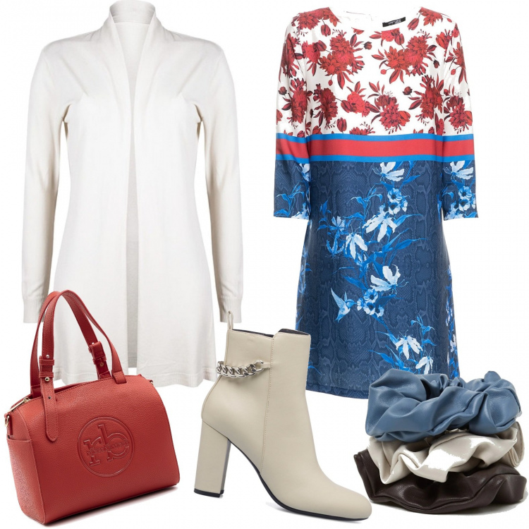 Outfit donna - Total look #1408884. Stile Casual chic per Ufficio. Abbinamento con cardigans, vestiti corti, accessori per capelli, borse a mano, stivaletti.
