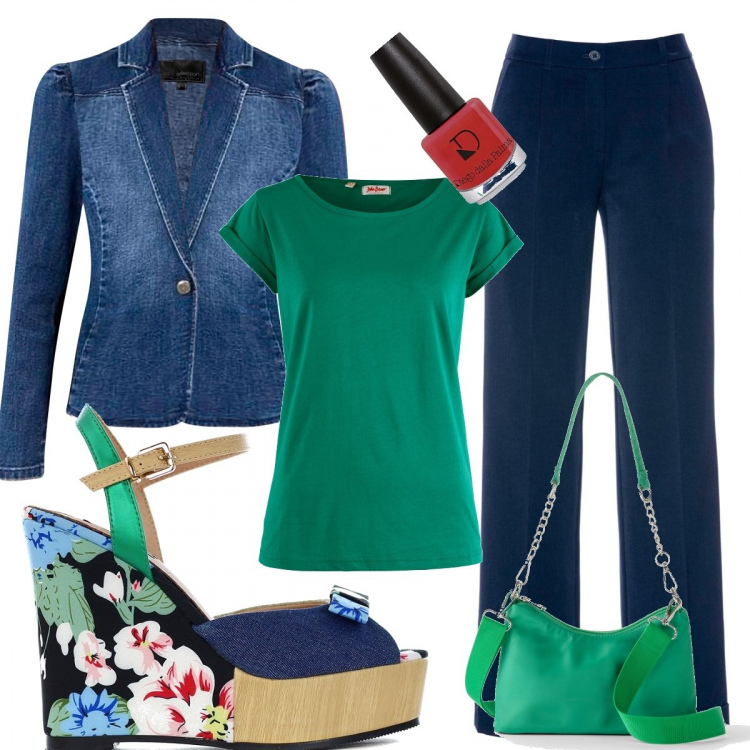 Outfit donna - Total look #1408935. Stile Casual per Tutti i giorni. Abbinamento con pantaloni, blazer, borse a tracolla, maglieria, sandali, smalti.