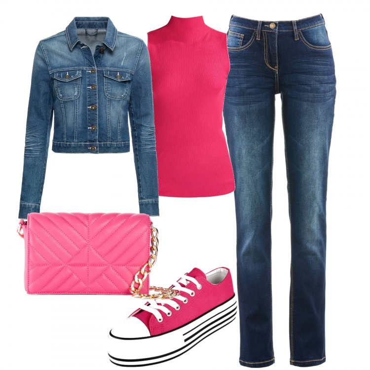 Outfit donna - In città. Stile Casual per Tutti i giorni. Abbinamento con jeans dritti, blazer, borse a mano, sneakers, pullovers.