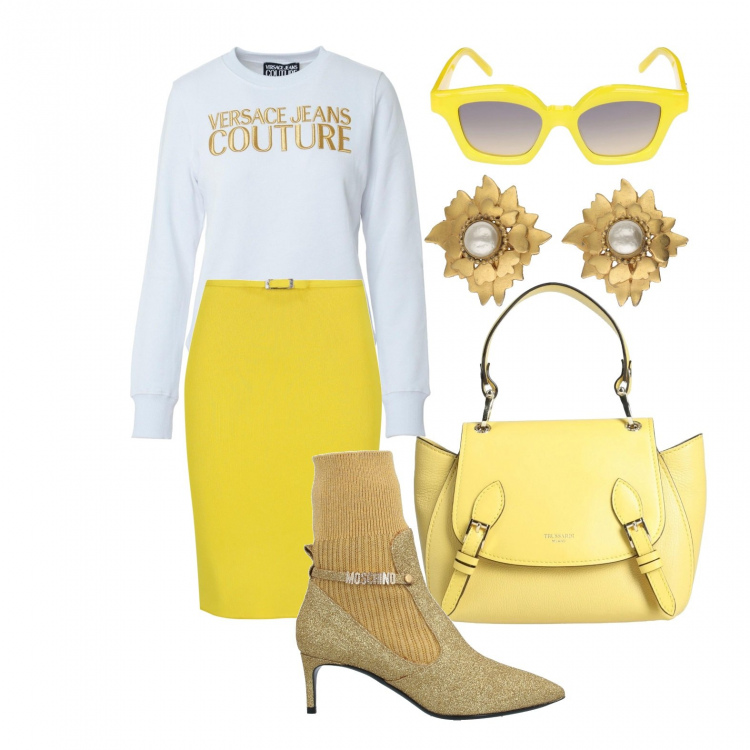 Outfit donna - Il giallo in autunno. Stile Trendy per Tutti i giorni. Abbinamento con stivaletti, borse a mano, orecchini, gonne longuette, occhiali da sole, felpe.