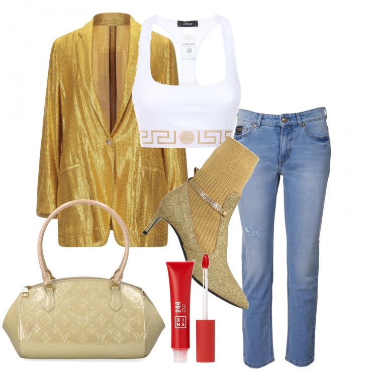 Outfit donna - Il blazer over dorato. Stile Trendy per Tutti i giorni. Abbinamento con stivaletti, blazer, borse a spalla, top, gloss, jeans.