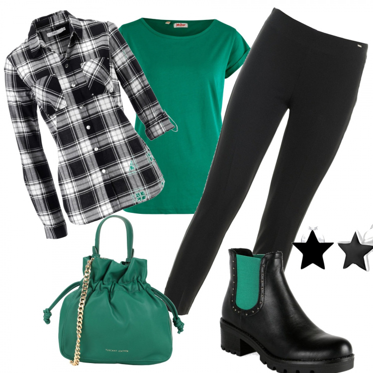 Outfit donna - Vivere settembre. Stile Sporty chic per Tutti i giorni. Abbinamento con camicie, maglieria, borse a mano, stivaletti, pantaloni, orecchini.