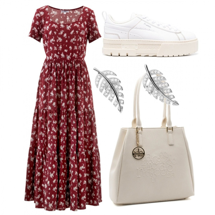 Outfit donna - Casual #14975. Stile Casual per Ufficio. Abbinamento con vestiti lunghi, borse a mano, sneakers, orecchini.