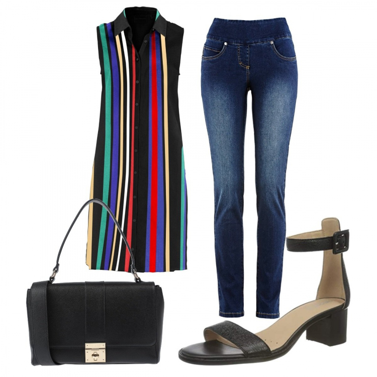 Outfit donna - Total look #1409418. Stile Trendy per Tutti i giorni. Abbinamento con jeans slim fit, camicie, borse a mano, sandali col tacco.