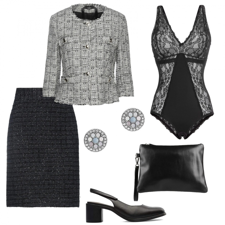 Outfit donna - Rientro in ufficio dopo le ferie. Stile Chic per Ufficio. Abbinamento con body, blazer, minigonne, borse a mano, scarpe col tacco, orecchini.