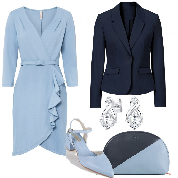 Outfit donna - Cerimonia in blu. Stile Bon Ton per Cerimonia. Abbinamento con blazer, vestiti, décolleté, pochette, orecchini.
