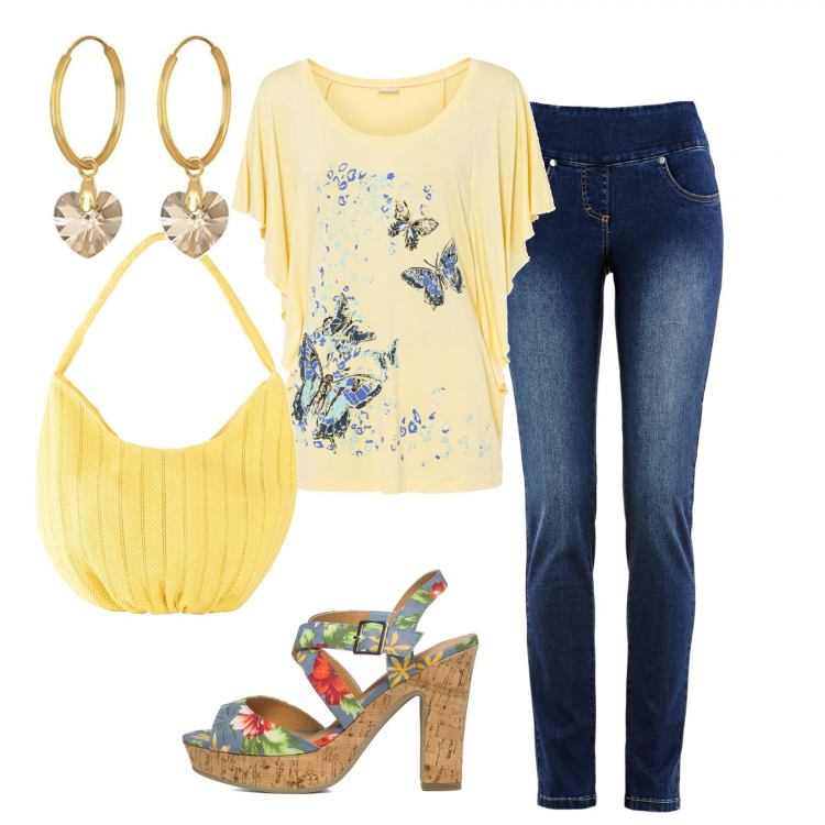 Outfit donna - In città. Stile Casual per Tutti i giorni. Abbinamento con jeans, maglieria, shopping bag, sandali in pelle, orecchini.