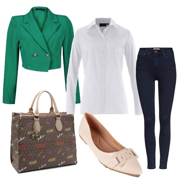 Outfit donna - Blazer verde. Stile Casual chic per Ufficio. Abbinamento con camicie, ballerine, blazer, shopping bag, jeans skinny.