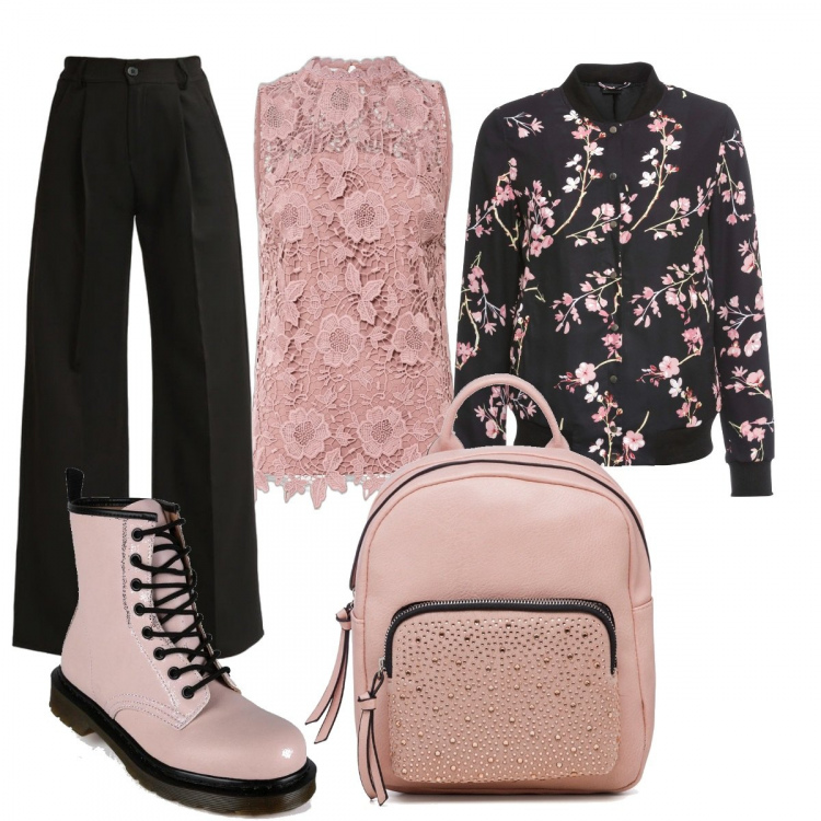 Outfit donna - New romantic. Stile Bon Ton per Scuola/Università. Abbinamento con bomber, top, pantaloni, anfibi, zaini.