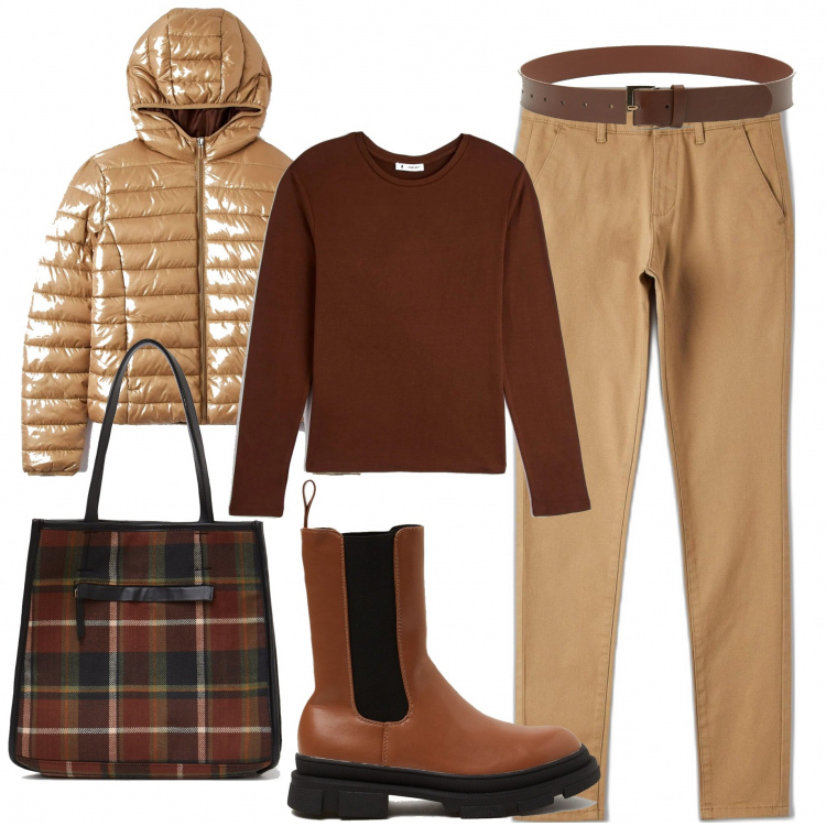 Outfit donna - Pronta per i primi freddi. Stile Basic per Scuola/Università. Abbinamento con cappotti, t-shirt, pantaloni, shopping bag, stivali, cinture.