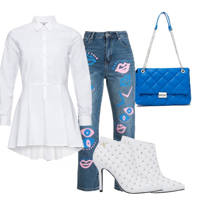 Outfit donna - La camicia bianca. Stile Glamour per Serata fuori. look ideale per Tall. Abbinamento con camicie, stivaletti, jeans boyfriend, borse a spalla.