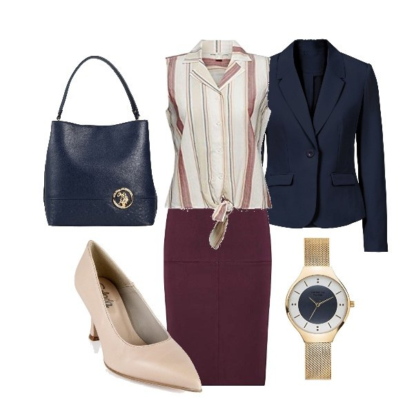 Outfit donna - Ricomincia la scuola. Stile Chic per Tutti i giorni. Abbinamento con blazer, borse a mano, décolleté, camicie, orologi analogici, gonne longuette.