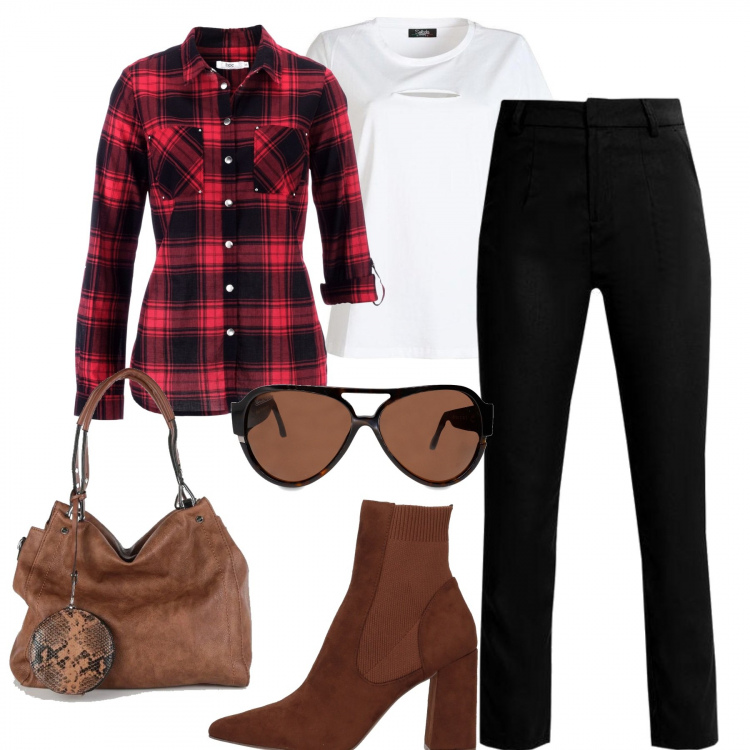 Outfit donna - Streetwear. Stile Casual chic per Tutti i giorni. Abbinamento con camicie, stivaletti, pantaloni, borse a spalla, t-shirt, occhiali da sole.