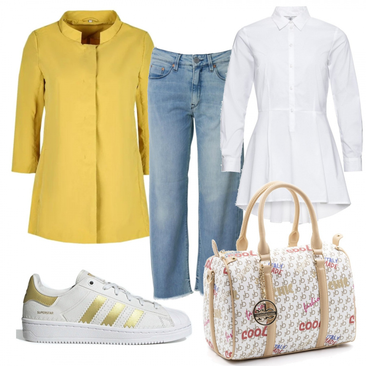 Outfit donna - Radiosa in giallo. Stile Trendy per Tutti i giorni. Abbinamento con camicie, giacche, sneakers, borse a mano, jeans.