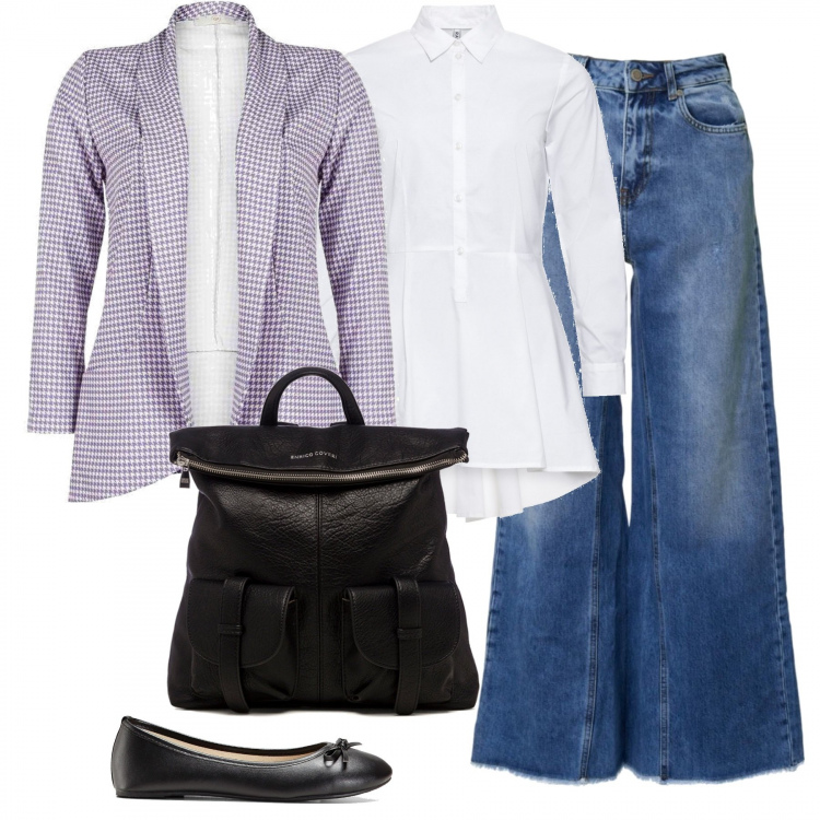 Outfit donna - Cittadina. Stile Casual chic per Ufficio. Abbinamento con camicie, ballerine, blazer, zaini, jeans.