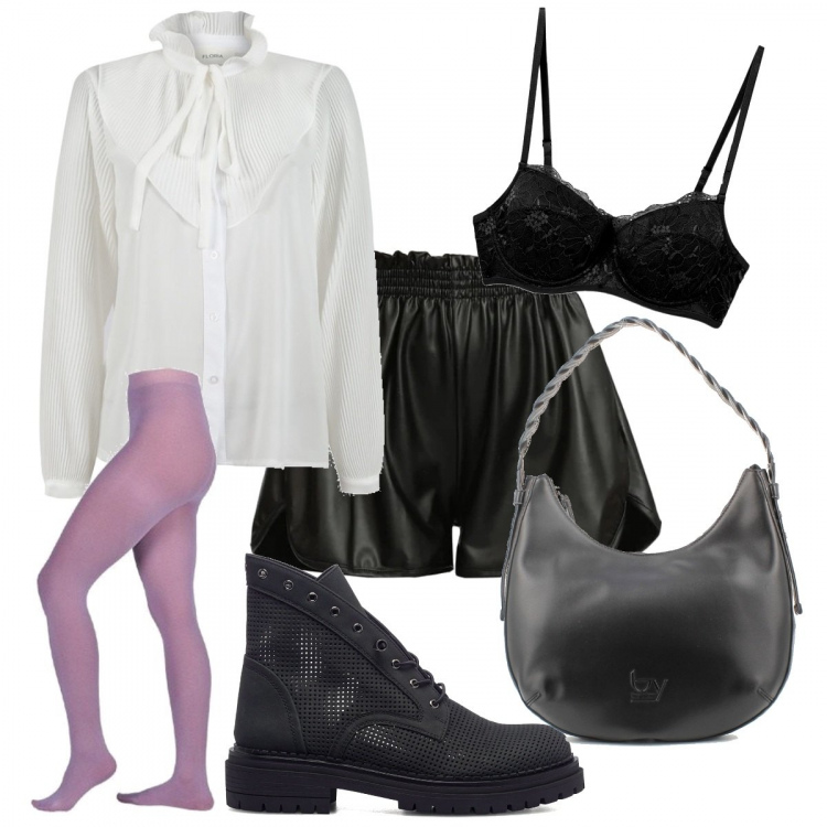 Outfit donna - Autunno con shorts e camicetta. Stile Casual chic per Serata fuori. Abbinamento con shorts, camicie, reggiseni a balconcino, collant, borse a mano, stivaletti.