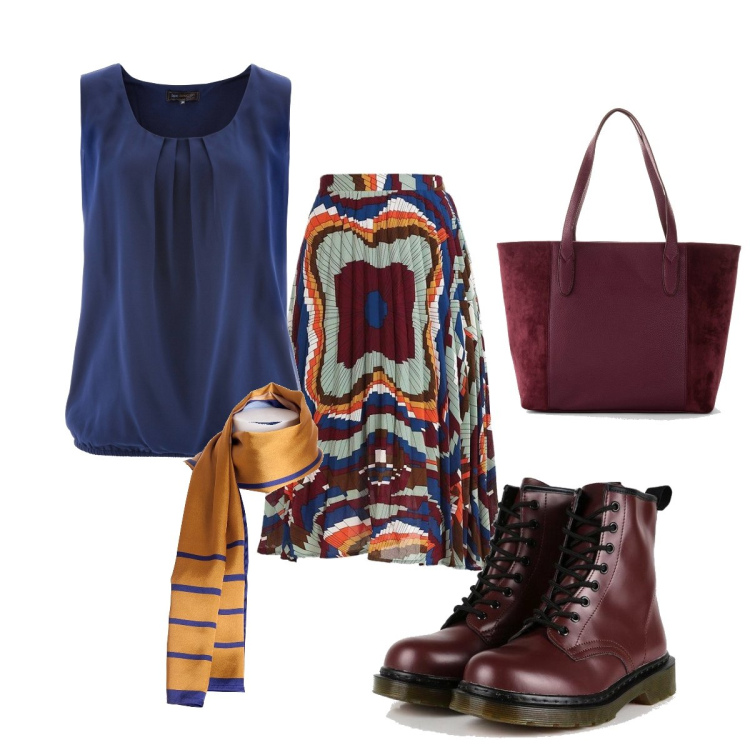 Outfit donna - Gonna lunga, anfibi e foulard. Stile Urban per Scuola/Università. Abbinamento con top, shopping bag, gonne lunghe, anfibi, foulard.
