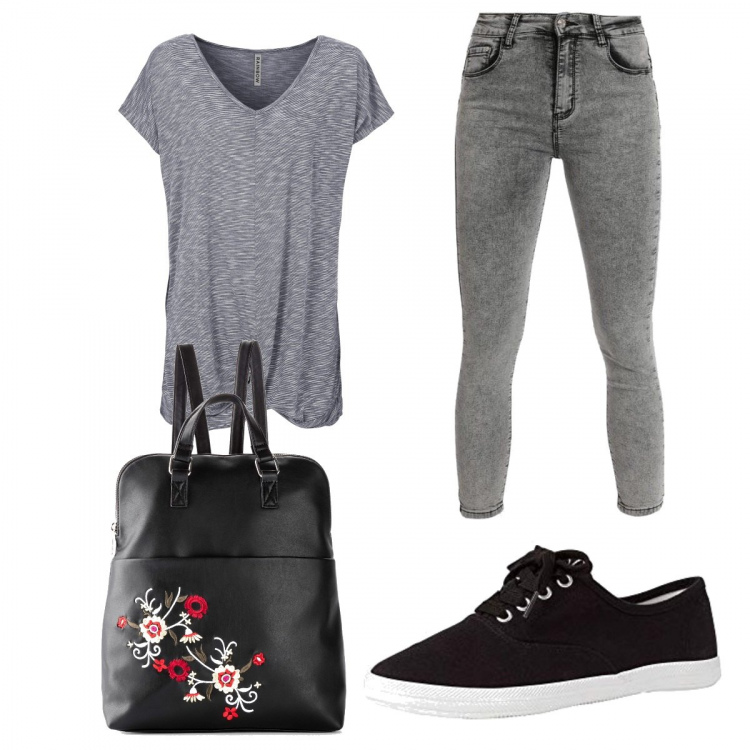 Outfit donna - Total look #1410417. Stile Basic per Scuola/Università. Abbinamento con maglieria, zaini, jeans slim fit, sneakers.