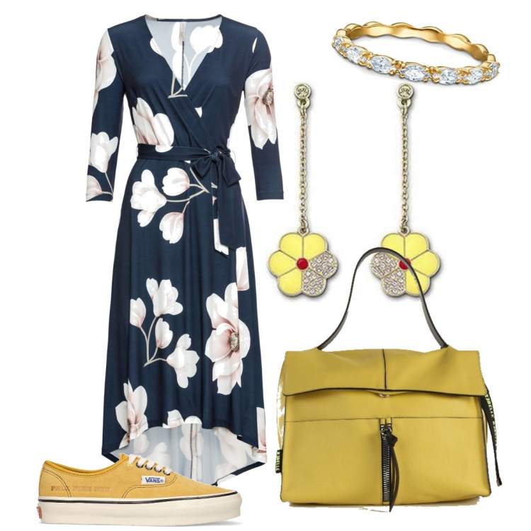 Outfit donna - Abito a fiori. Stile Casual chic per Ufficio. Abbinamento con vestiti lunghi, borse a mano, sneakers, orecchini, anelli.