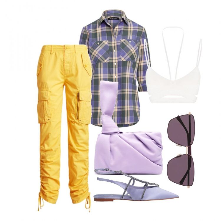 Outfit donna - Eclettica. Stile Casual chic per Tutti i giorni. Abbinamento con ballerine, occhiali da sole, clutch, reggiseni, camicie, pantaloni cargo.