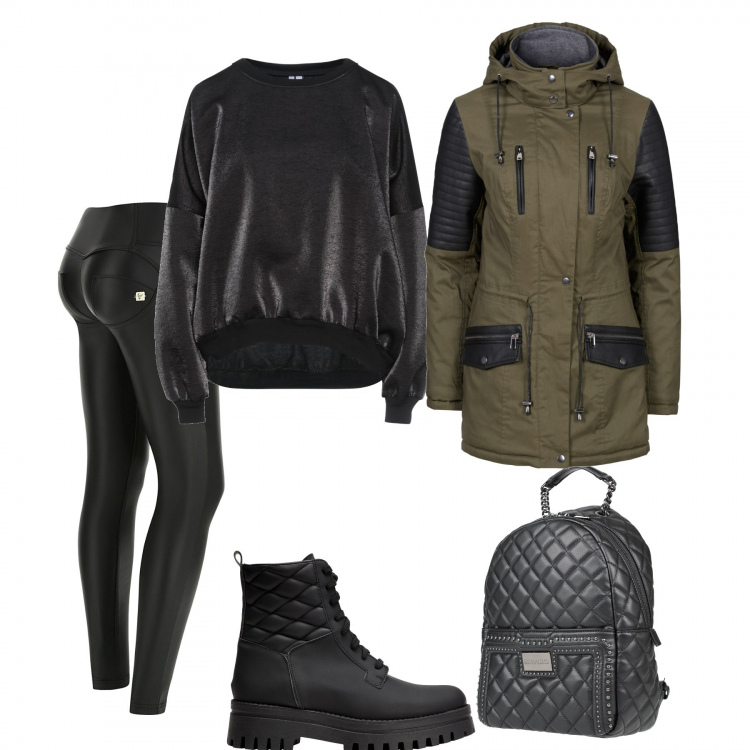 Outfit donna - Giacca verde scuro. Stile Military per Tutti i giorni. Abbinamento con parka, zaini, anfibi, felpe, pantaloni skinny.