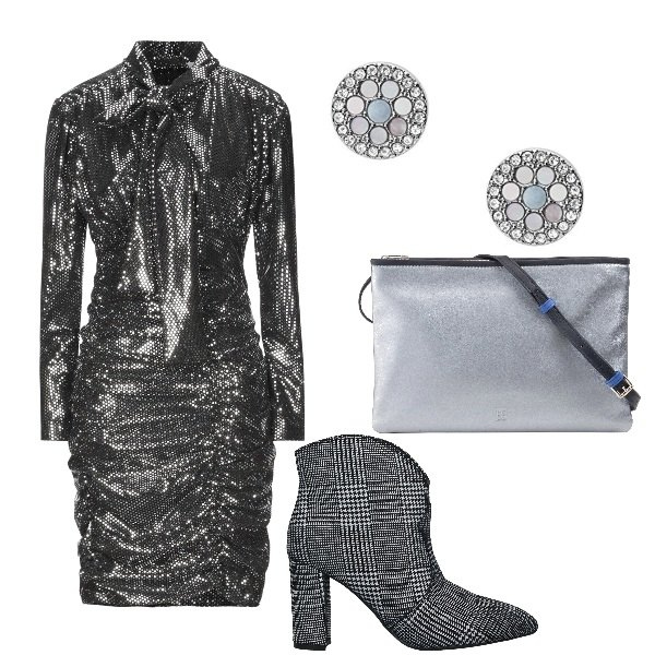 Outfit donna - Tronchetto pied de poule. Stile Glamour per Serata fuori. Abbinamento con stivaletti, vestiti corti, pochette, orecchini.