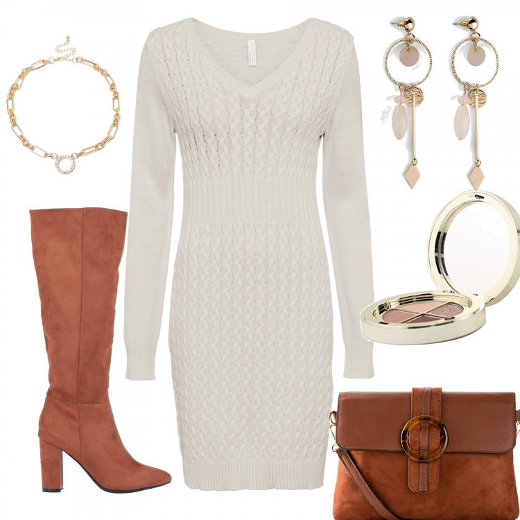 Outfit donna - Abito in maglia coccoloso. Stile Casual chic per Tutti i giorni. Abbinamento con vestiti, orecchini, borse a tracolla, stivali, collane, ombretti.