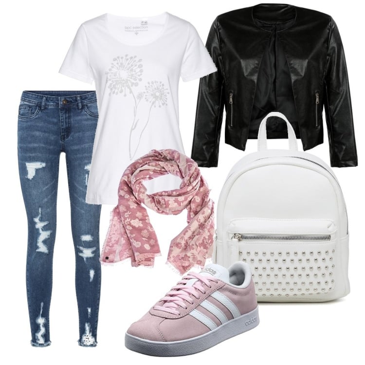 Outfit donna - Pomeriggio al parco. Stile Casual per Tutti i giorni. Abbinamento con t-shirt, jeans strappati, giacche, zaini, sneakers, sciarpe.