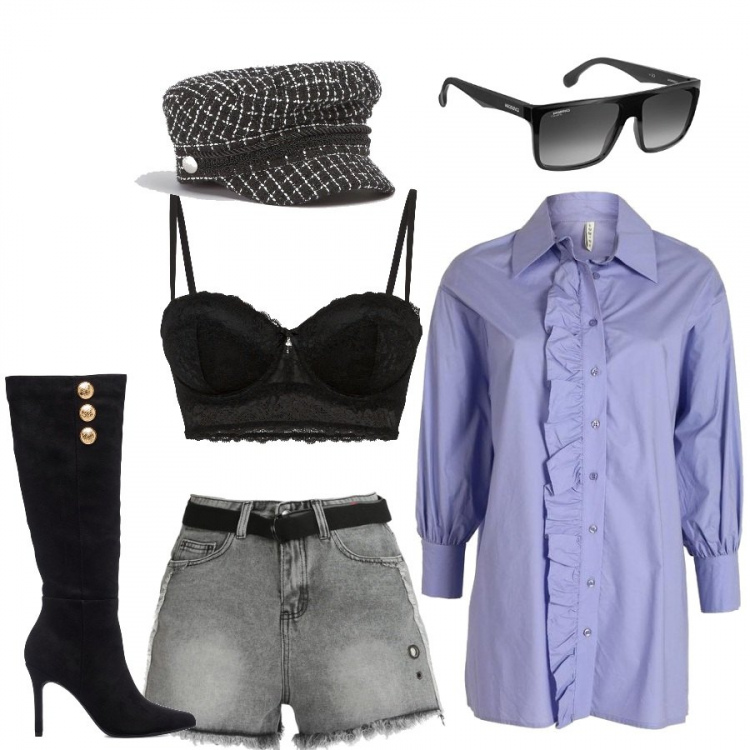 Outfit donna - Total look #1410840. Stile Trendy per Tutti i giorni. Abbinamento con reggiseni a balconcino, cappelli con visiera, camicie, shorts, stivali sopra il ginocchio, occhiali da sole.