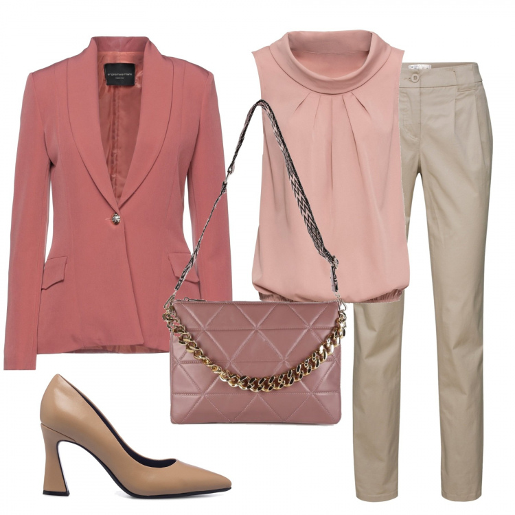 Outfit donna - Una giacca bellissima. Stile Bon Ton per Ufficio. Abbinamento con blazer, pantaloni chino, top, pochette, décolleté.