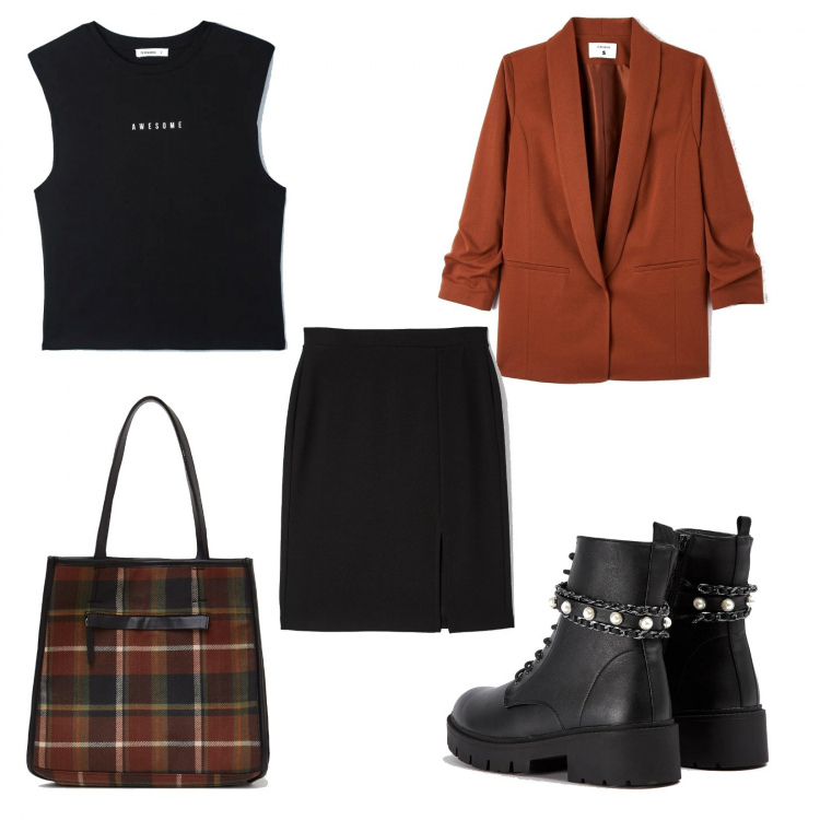 Outfit donna - Autunno rock. Stile Rock per Tutti i giorni. Abbinamento con gonne, anfibi, giacche, t-shirt, shopping bag.