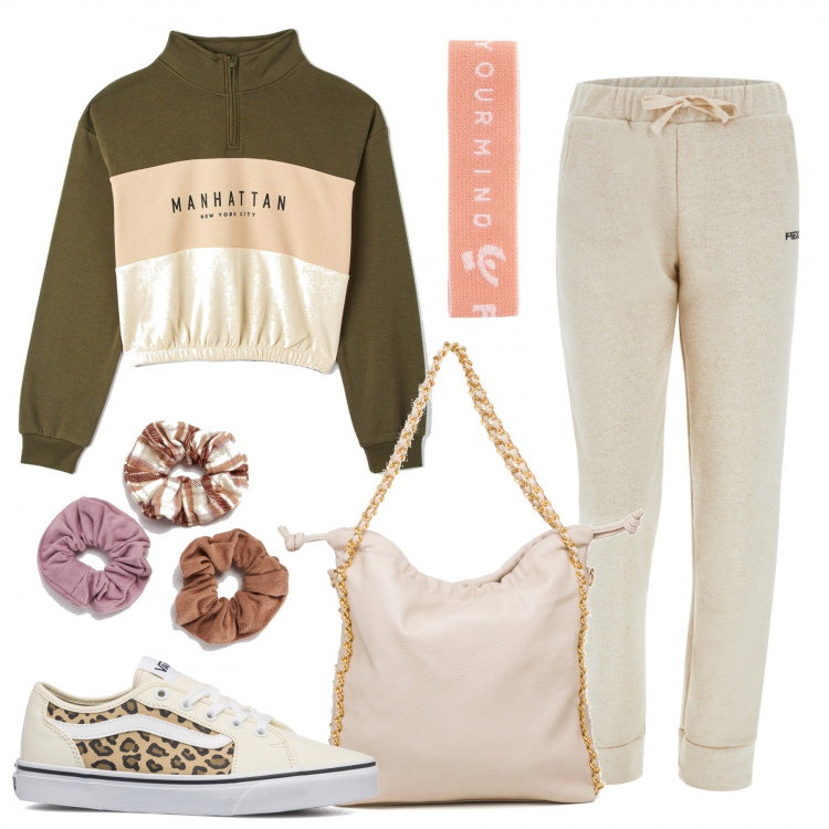 Outfit donna - Giornata di Stile. Stile Urban per Tutti i giorni. Abbinamento con felpe con cappuccio, accessori per capelli, pantaloni, braccialetti, sneakers, borse a spalla.