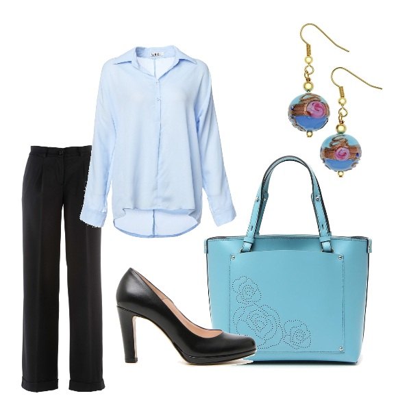 Outfit donna - Bon Ton #8660. Stile Bon Ton per Ufficio. Abbinamento con pantaloni, blusa, décolleté nero, borsa a tracolla maxi fantasia floreale effetto scamosciato doppio manico rigido, orecchini oro.