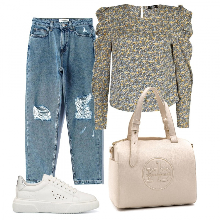 Outfit donna - Casual chic #18485. Stile Casual chic per Ufficio. Abbinamento con jeans mom, bluse, borse a mano, sneakers.