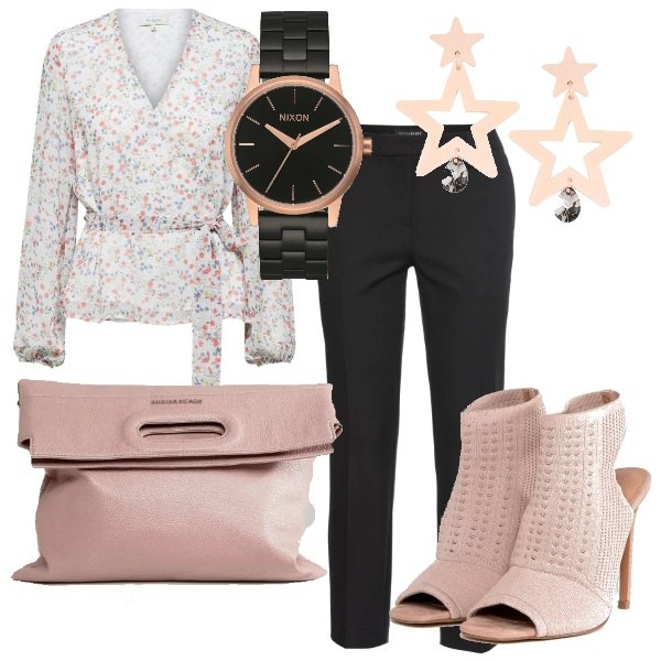 Outfit donna - Rosa cipria al lavoro. Stile Bon Ton per Ufficio. Abbinamento con pantaloni, orecchini, borsa a tracolla con stampa e spalline con zip in pelle sintetica, scarpe, blusa wrap con stampa bianco, orologio in acciaio inox oro e rosso.
