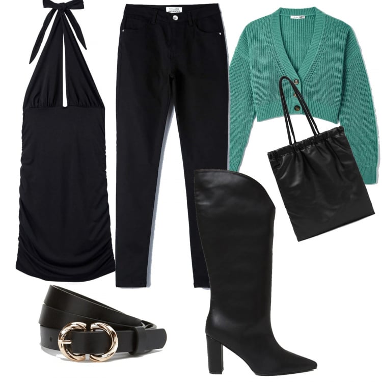 Outfit donna - Apericena con l\'amica. Stile Basic per Serata fuori. Abbinamento con vestiti corti, cardigans, pantaloni skinny, stivali, cinture, shopping bag.