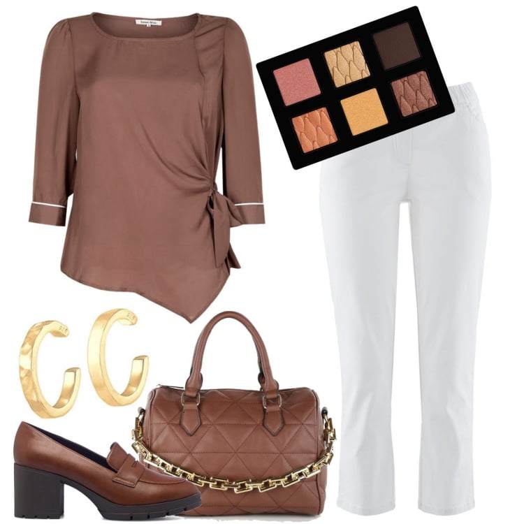Outfit donna - Una blusa per settembre. Stile Basic per Ufficio. Abbinamento con pantaloni, bluse, borse a mano, mocassini, orecchini, ombretti.