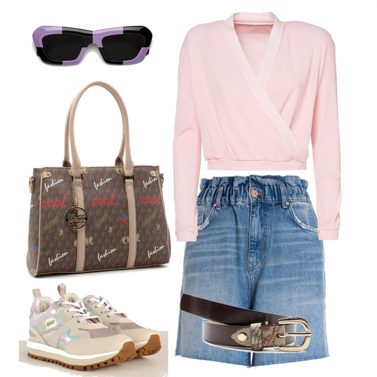 Outfit donna - Rientro in città. Stile Casual chic per Tutti i giorni. Abbinamento con occhiali da sole, bermuda, top, sneakers, cinture, shopping bag.