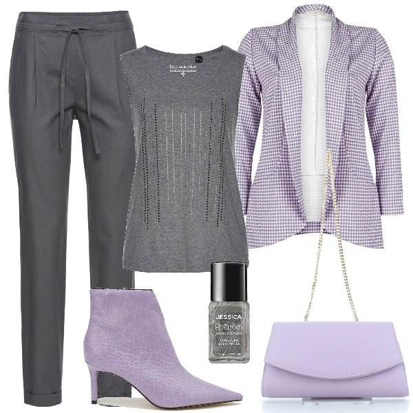 Outfit donna - L\'ufficio a settembre. Stile Casual chic per Ufficio. Abbinamento con pantaloni, top, blazer, stivaletti, clutch, smalti.