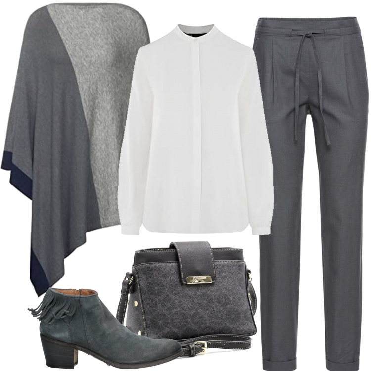 Outfit donna - Una mantella per i primi giorni freddi. Stile Basic per Ufficio. Abbinamento con stivaletti, pantaloni, borse a tracolla, cappotti, camicie.