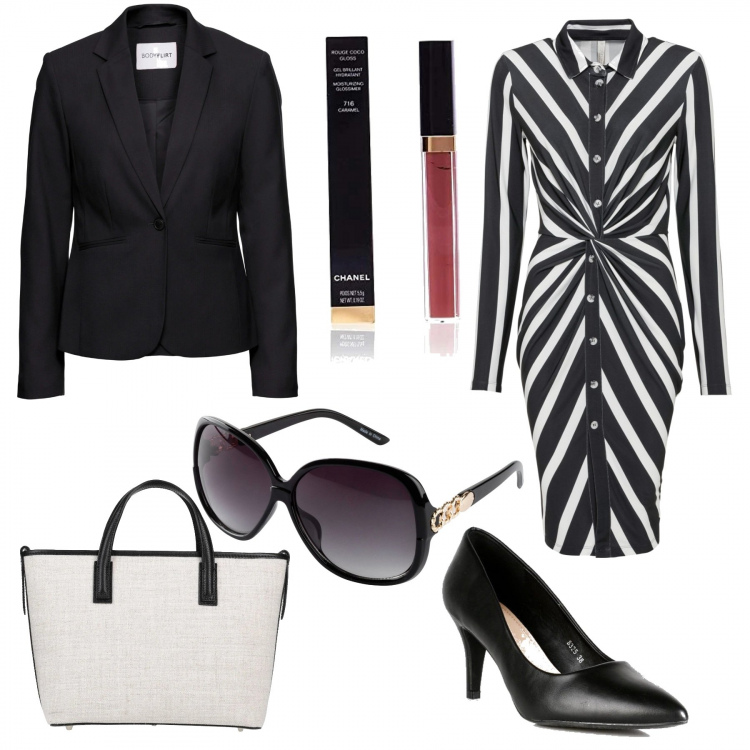 Outfit donna - In ufficio. Stile Glamour per Ufficio. Abbinamento con blazer, occhiali da sole, vestiti chemisier, borse a mano, décolleté, gloss.