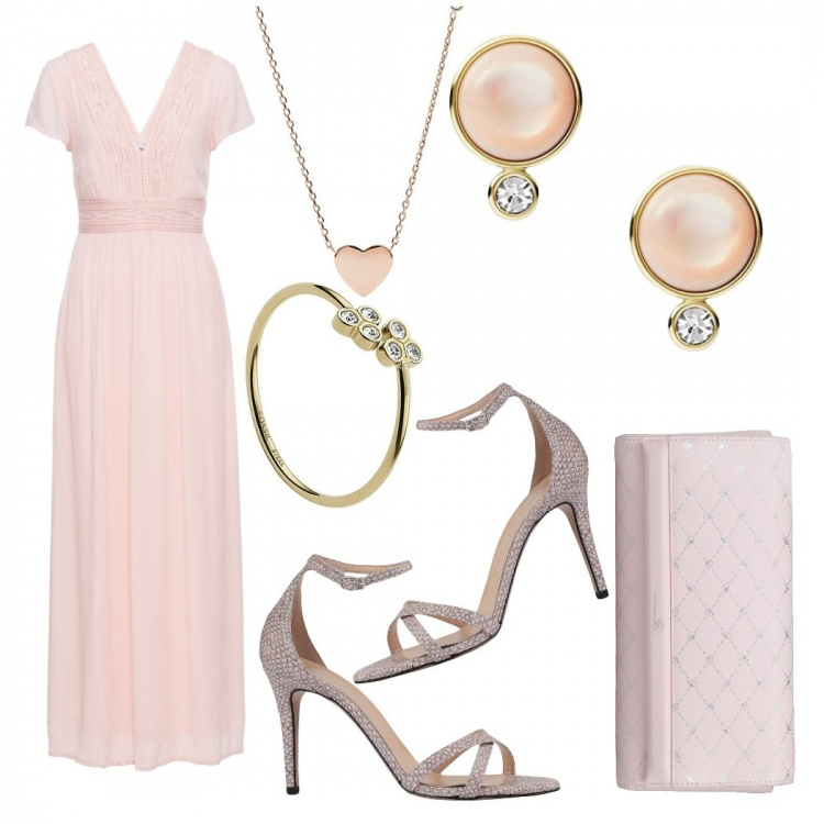 Outfit donna - Damigella. Stile Chic per Cerimonia. Abbinamento con vestiti lunghi, sandali col tacco, borse a mano, anelli, ciondoli, orecchini.