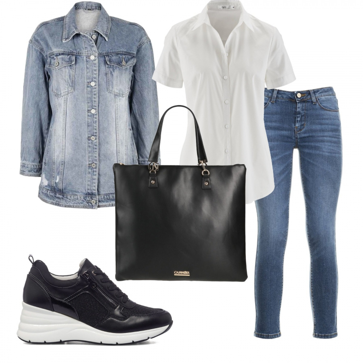 Outfit donna - La giacca jeans lunga. Stile Casual per Scuola/Università. Abbinamento con camicie a manica corta, borse a mano, giacche, jeans, sneakers.