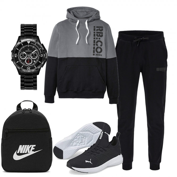 Outfit uomo - Sportivo in città. Stile Casual per Tutti i giorni. Abbinamento con felpe con cappuccio, pantaloni, sneakers, borse sportive, orologi.