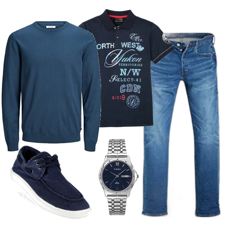Outfit uomo - Jeans in ufficio. Stile Casual per Ufficio. Abbinamento con polo, scarpe stringate, pullovers, orologi analogici, jeans dritti.