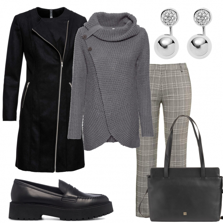 Outfit donna - Mi vesto di grigio e nero. Stile Trendy per Tutti i giorni. Abbinamento con maglieria, cappotti, borse tote, mocassini, pantaloni, orecchini.