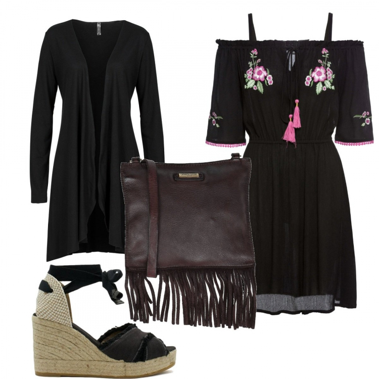 Outfit donna - Total look #1412489. Stile Boho per Tutti i giorni. Abbinamento con cardigans, vestiti, borse a tracolla, sandali alla schiava.